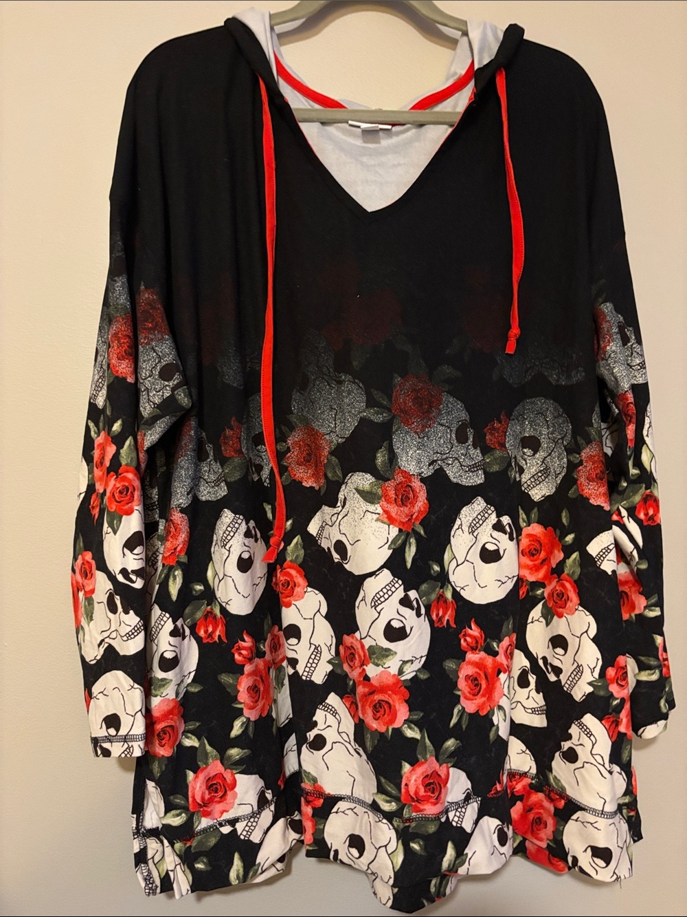 LuLaRoe Black Hoodie with Red Rose and White Skull Print